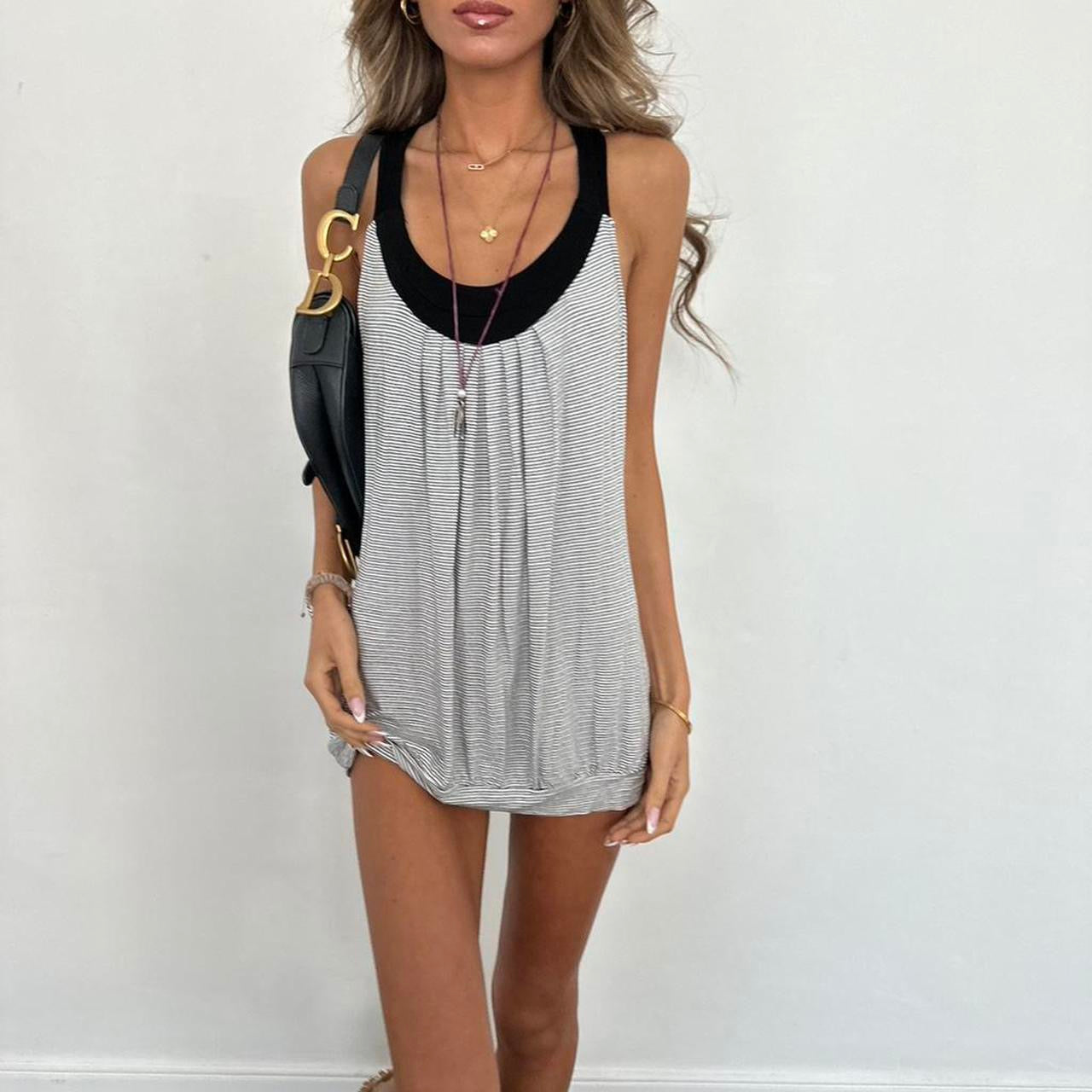 Vintage 00s black & grey striped mini dress/ top