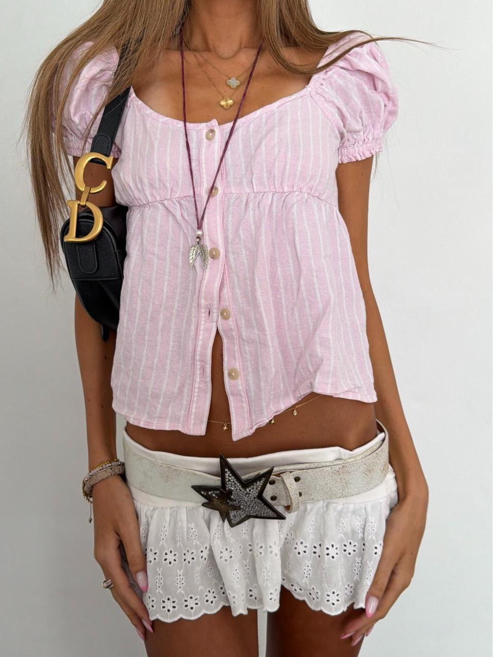 Vintage 00’s babydoll button down pink striped top