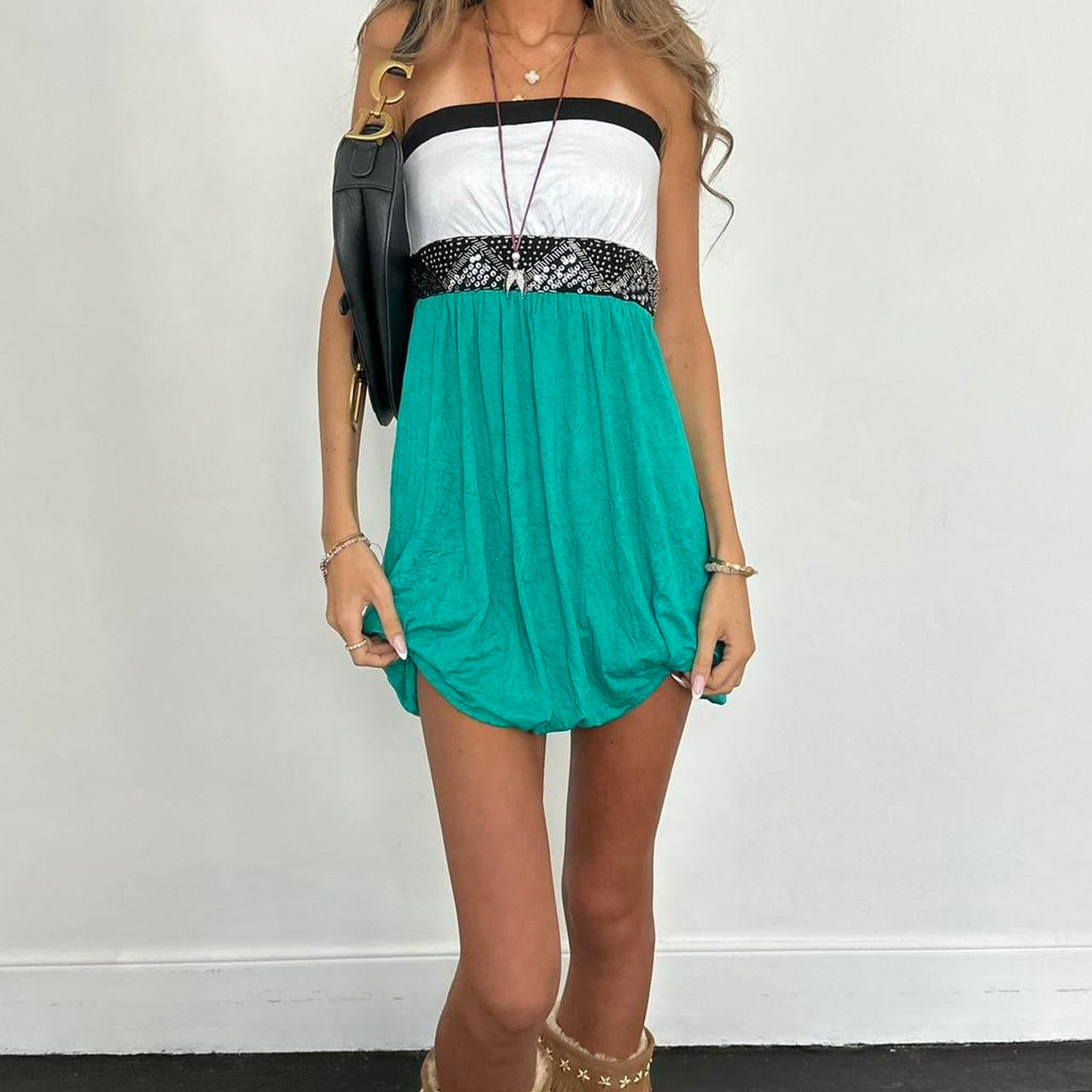 Vintage 00s strapless turquoise boho mini dress