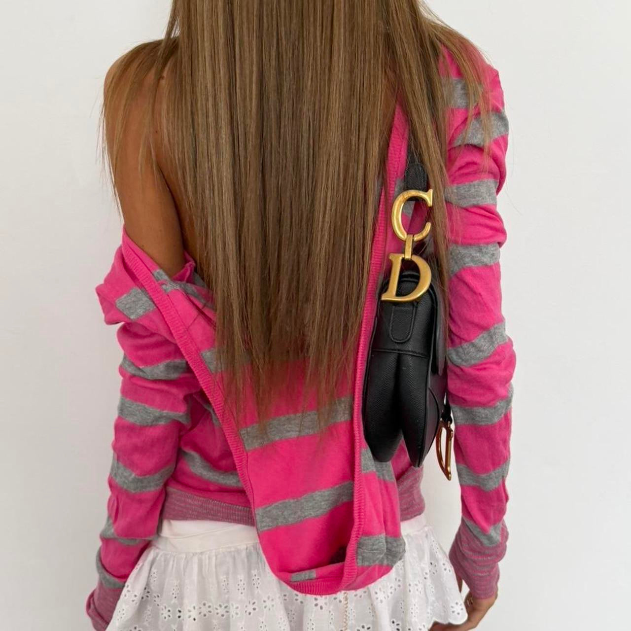 Vintage 00s striped pink and grey hoodie top