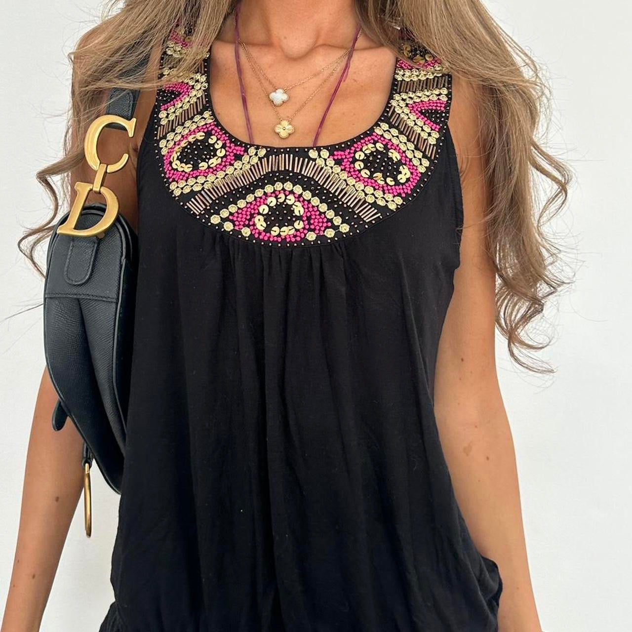 Vintage 00s black and pink beaded boho top