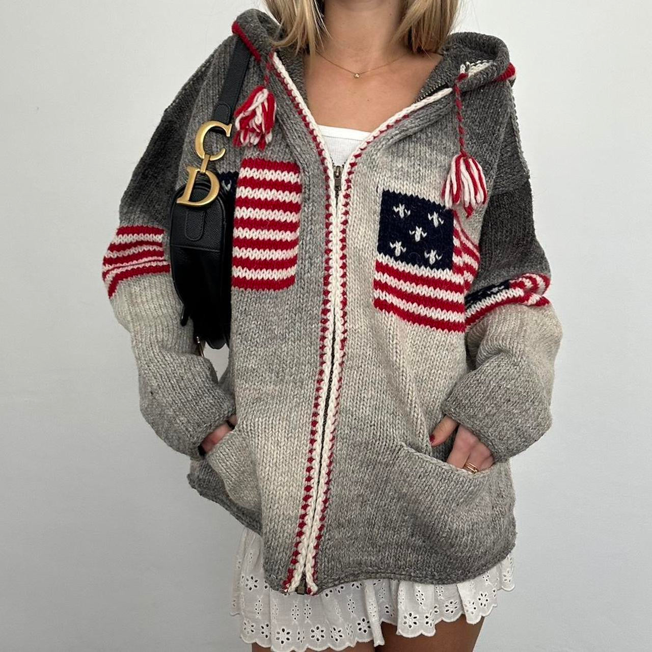 Vintage 2000’s grey American flag knitted hooded zip up