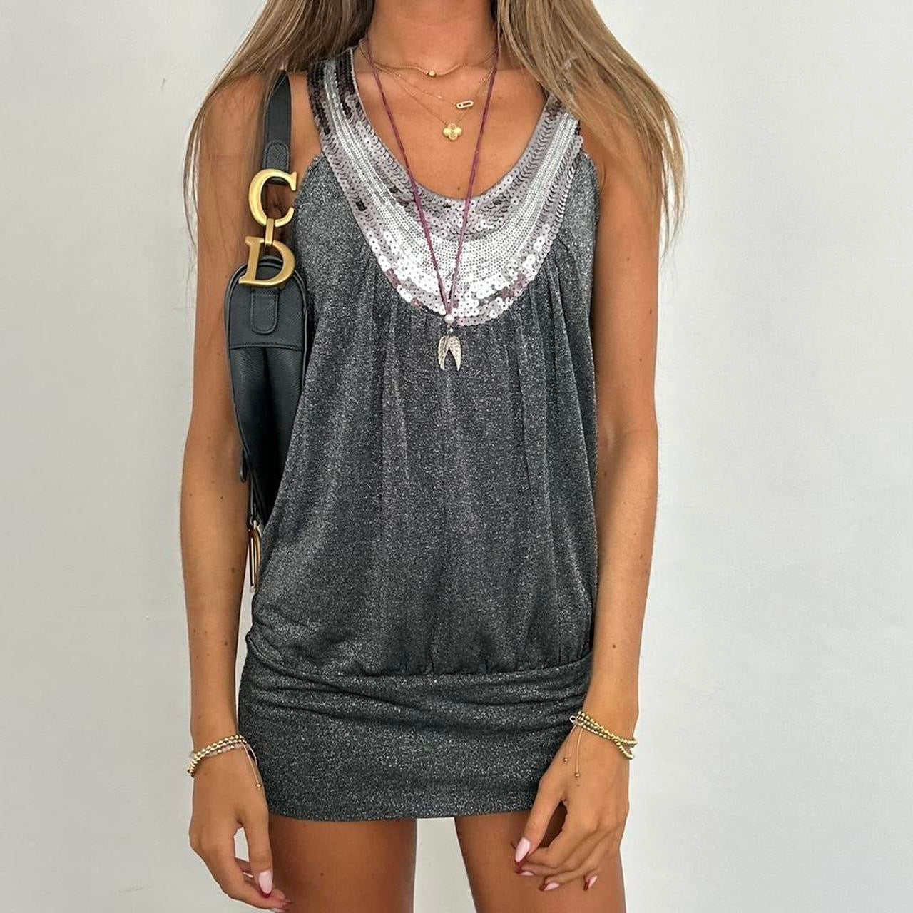 Vintage 2000’s silver sequin grey tank mini dress