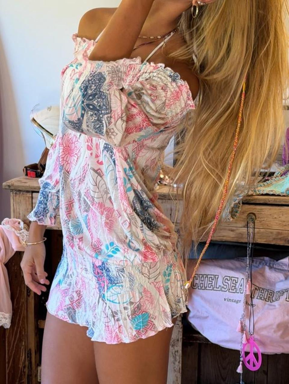 Vintage 00’s pink whimsical off shoulder mini dress