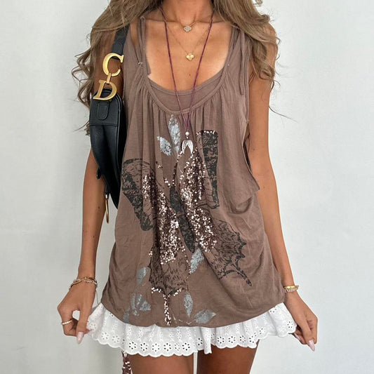 Vintage 00s butterfly brown double layer top