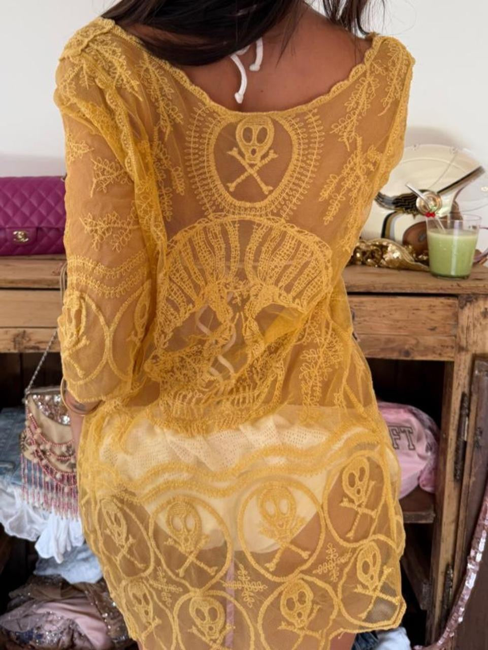 Vintage 00s yellow skull boho long sleeve top