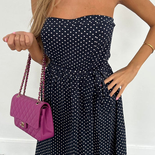 Vintage navy and white polka dot strapless dress