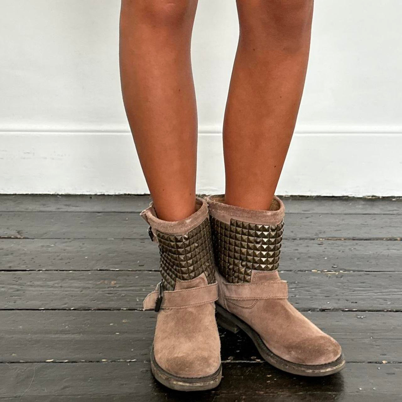 Vintage brown studded genuine leather ankle boots