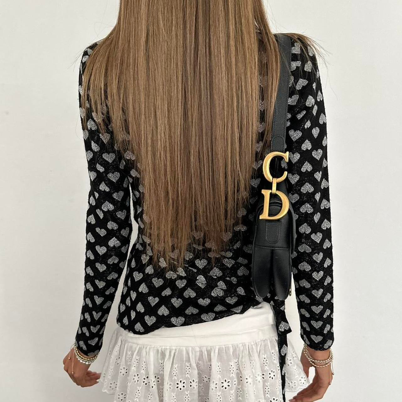 Vintage 2000s black and silver heart pattern wrap top