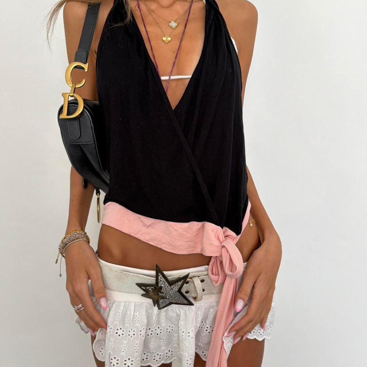 Vintage 00s black and pink tie up halter neck top