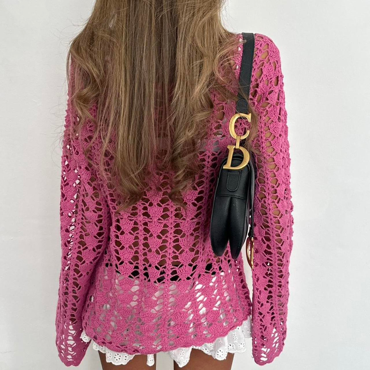 Vintage pink crochet tie up layering top