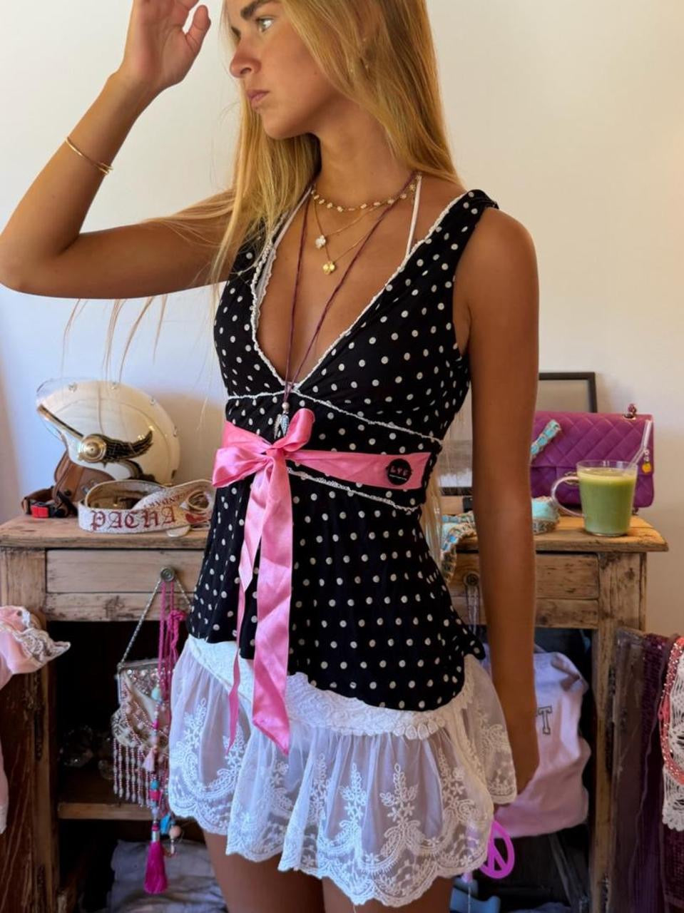 Vintage 00’s polka dot pink ribbon top