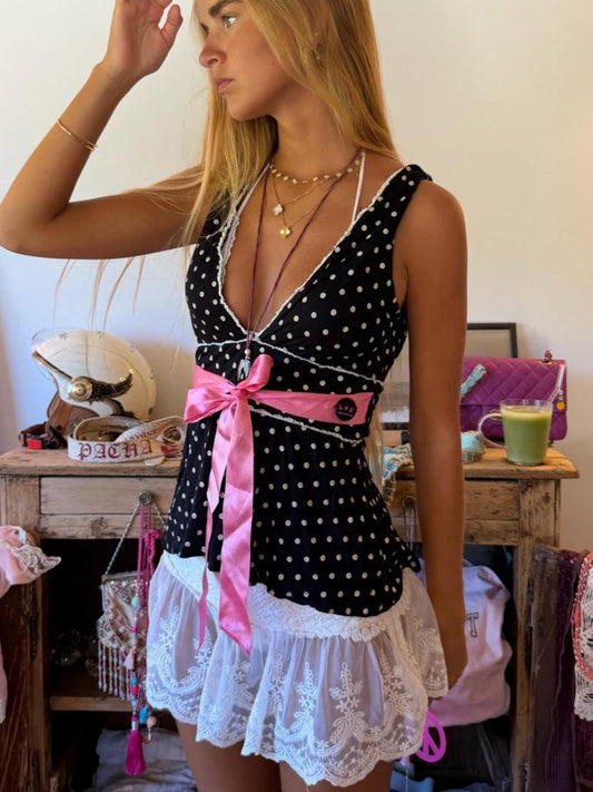 Vintage 00’s polka dot pink ribbon top