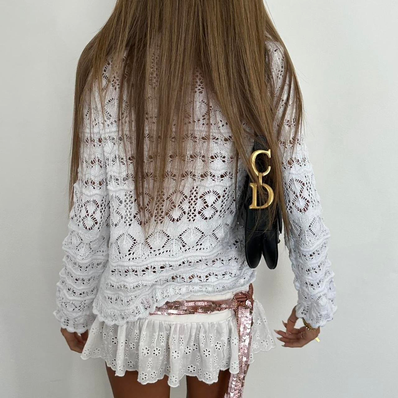 Vintage 00s white crochet button down cardigan top