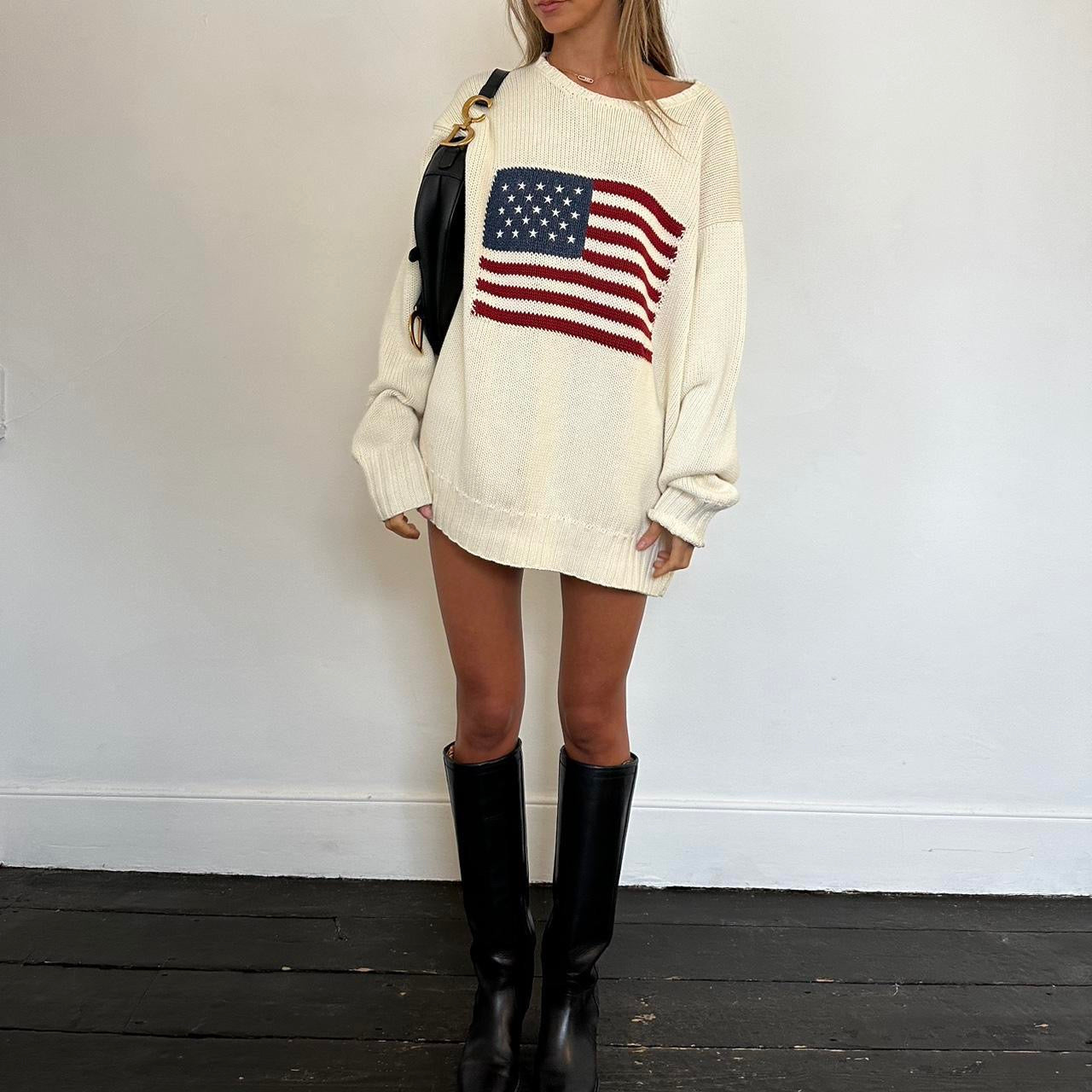 Vintage 90s Ralph Lauren white American flag knitted sweater