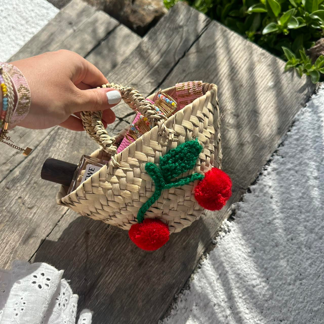 Handmade island cherry embroidered mini bag