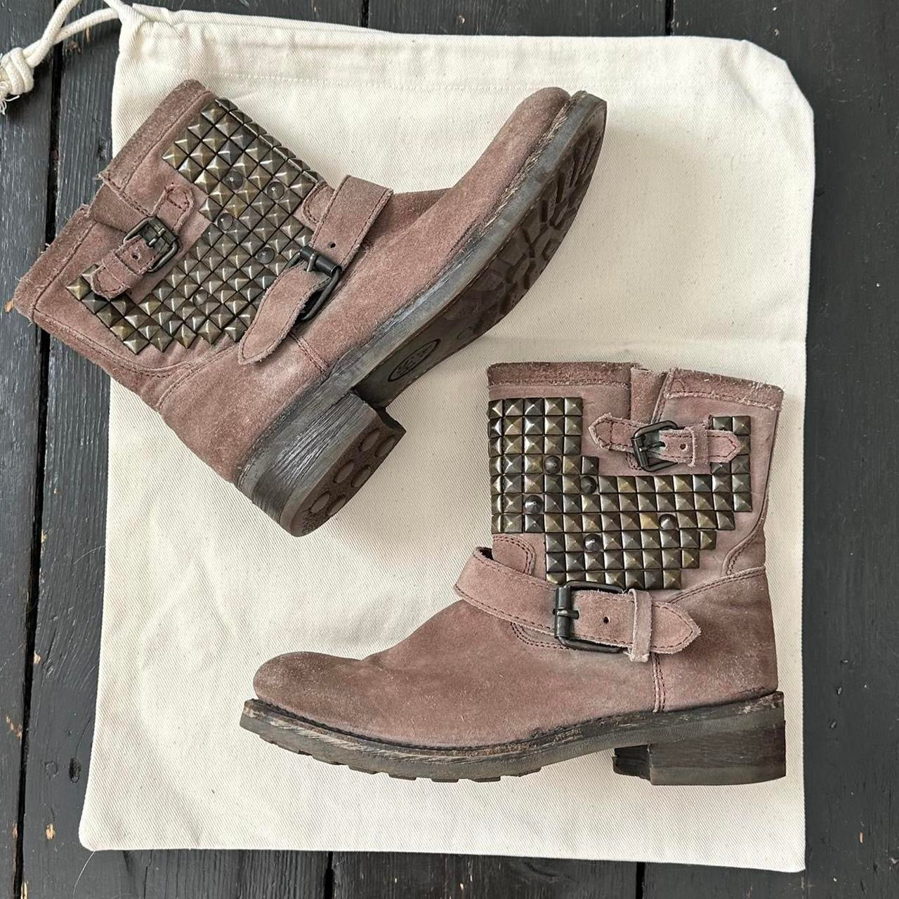 Vintage brown studded genuine leather ankle boots