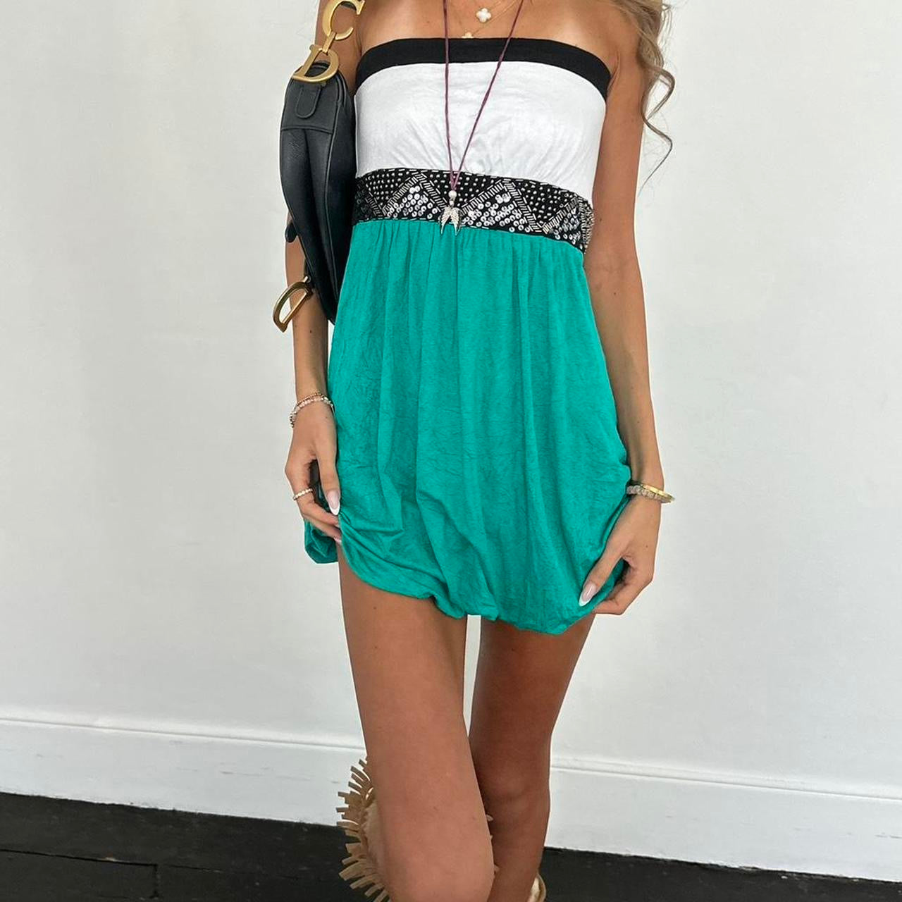 Vintage 00s strapless turquoise boho mini dress