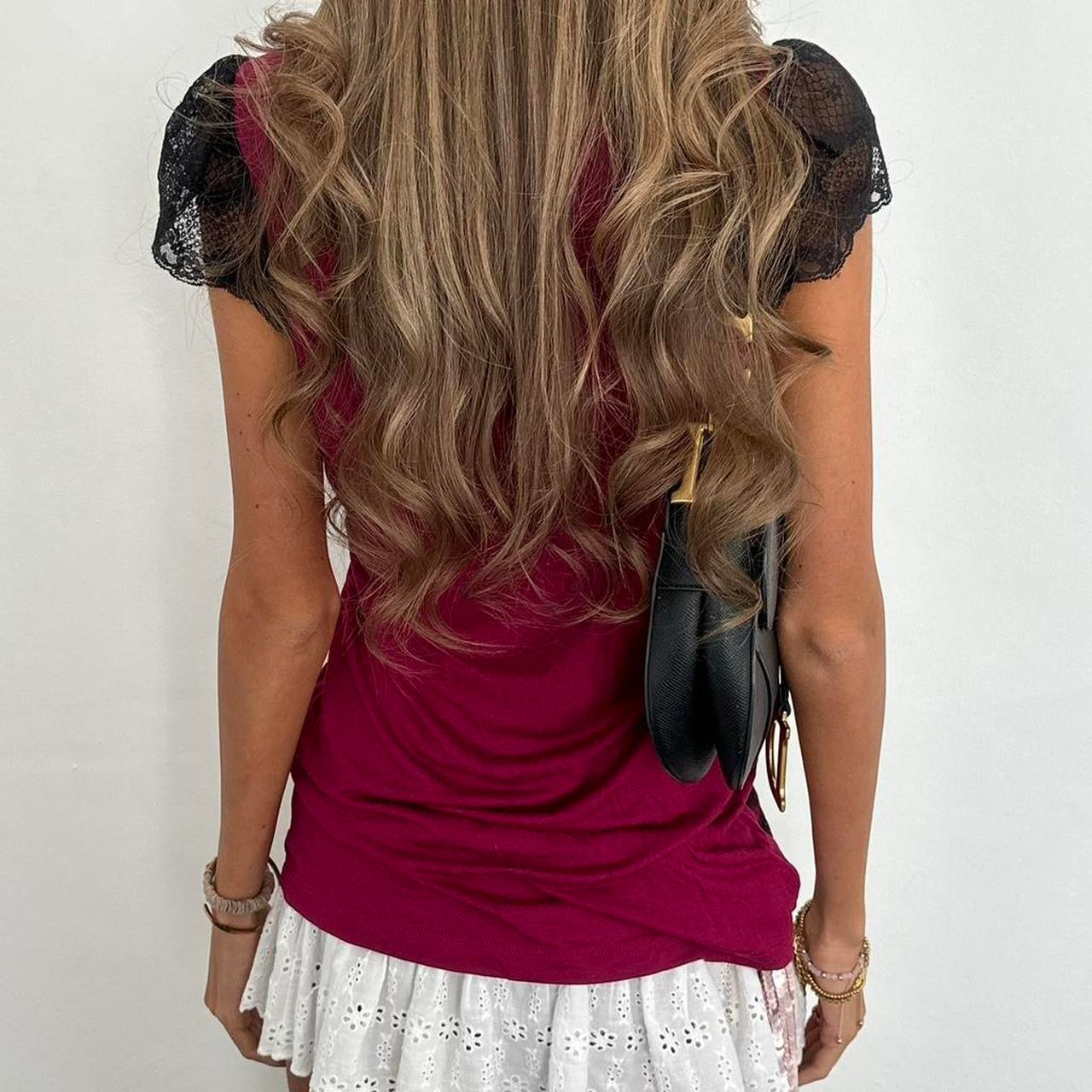 Vintage 00s black lace and dark pink top