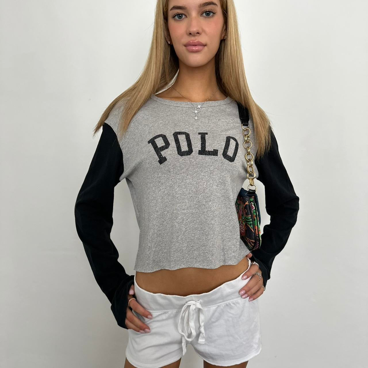 Vintage Ralph Lauren preppy grey cropped off shoulder top