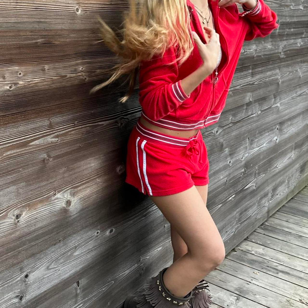 Vintage 90’s red terry cloth hoodie and shorts set