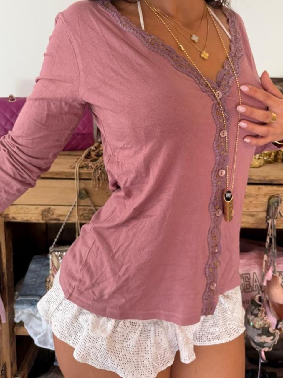 Vintage 00s button down lace pink cardigan top