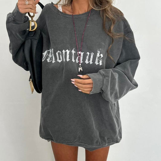Vintage grey Montauk script washed distressed sweatshirt