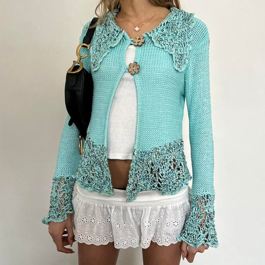 Vintage 90’s open front aqua blue crochet top