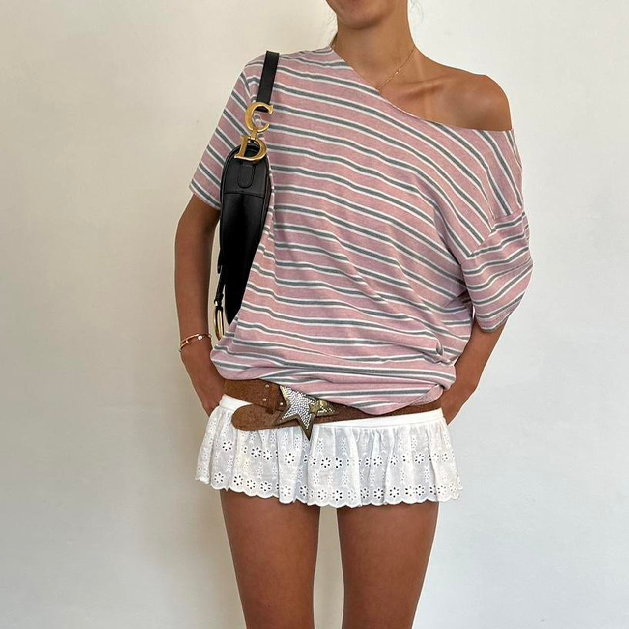 Vintage striped off the shoulder tee