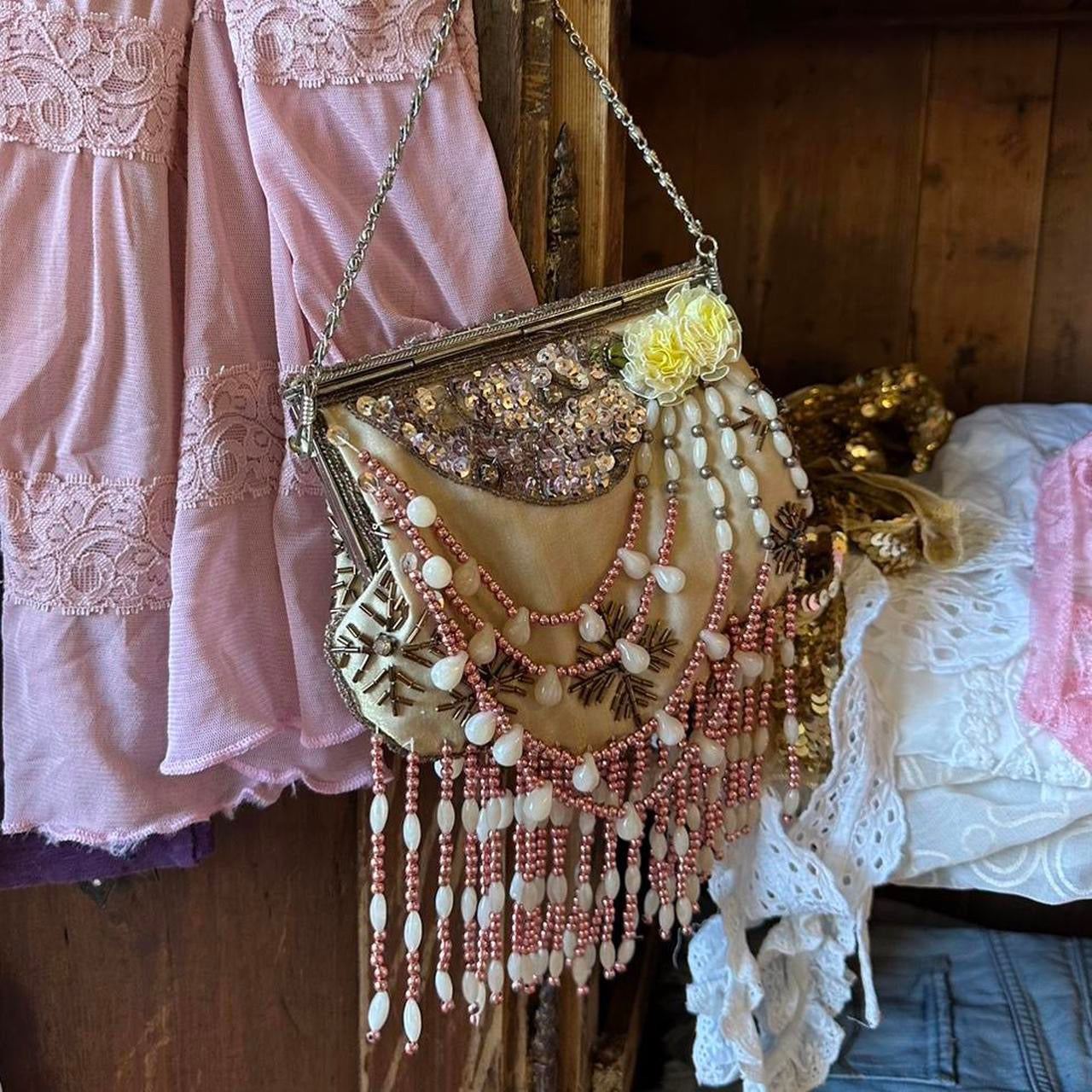 Vintage Beaded Evening Bag | Art Deco Inspired Satin Purse with Fringe & Floral Detail