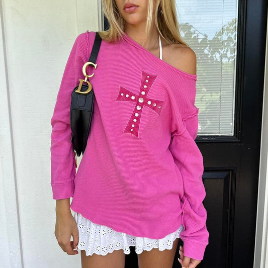 Vintage pink cross waffle long sleeve top