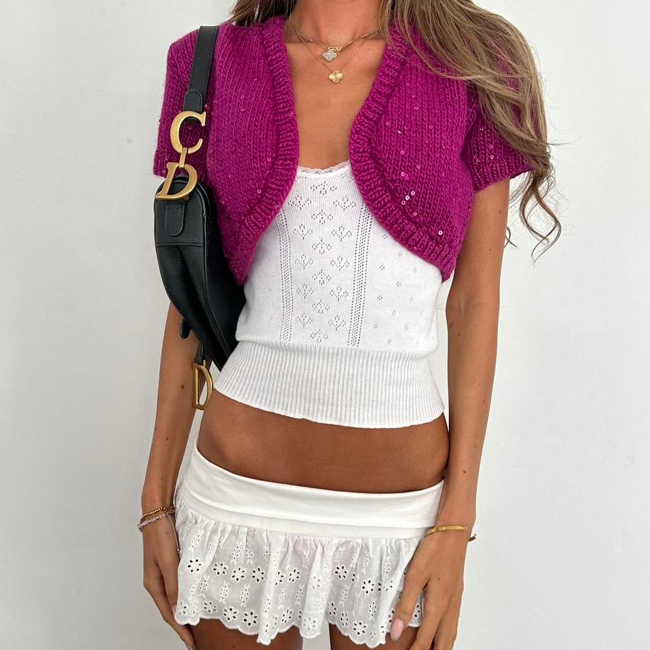 Vintage dark pink sequin knit sleeve layering top