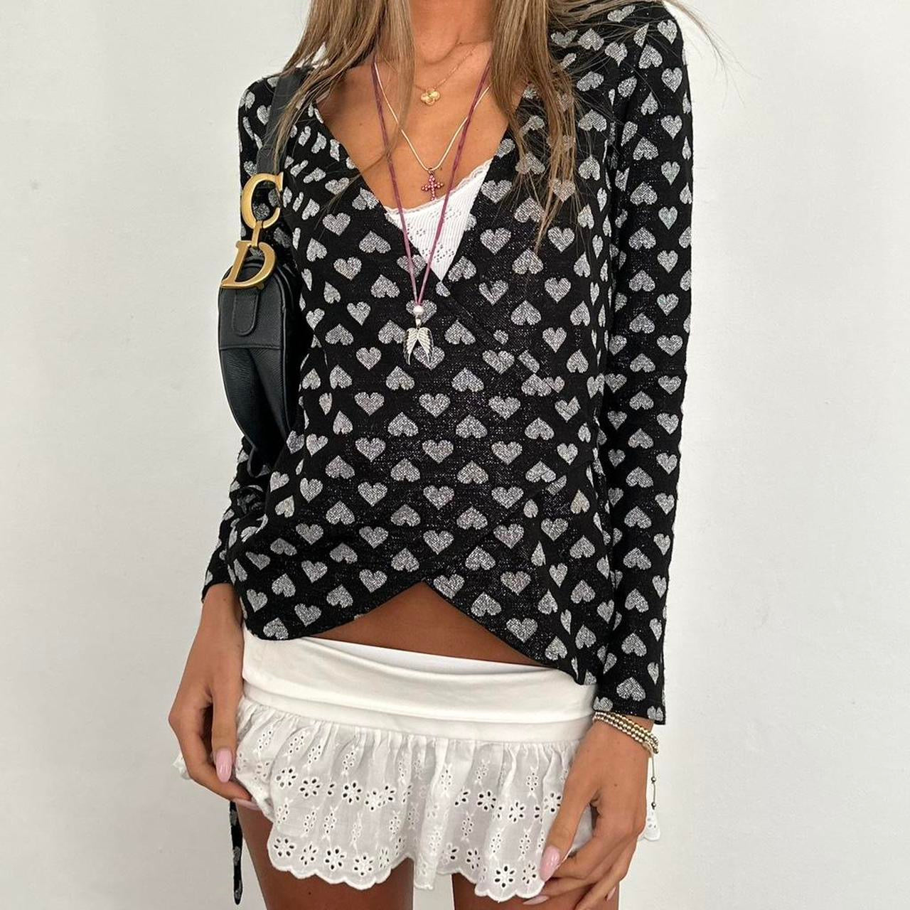 Vintage 2000s black and silver heart pattern wrap top