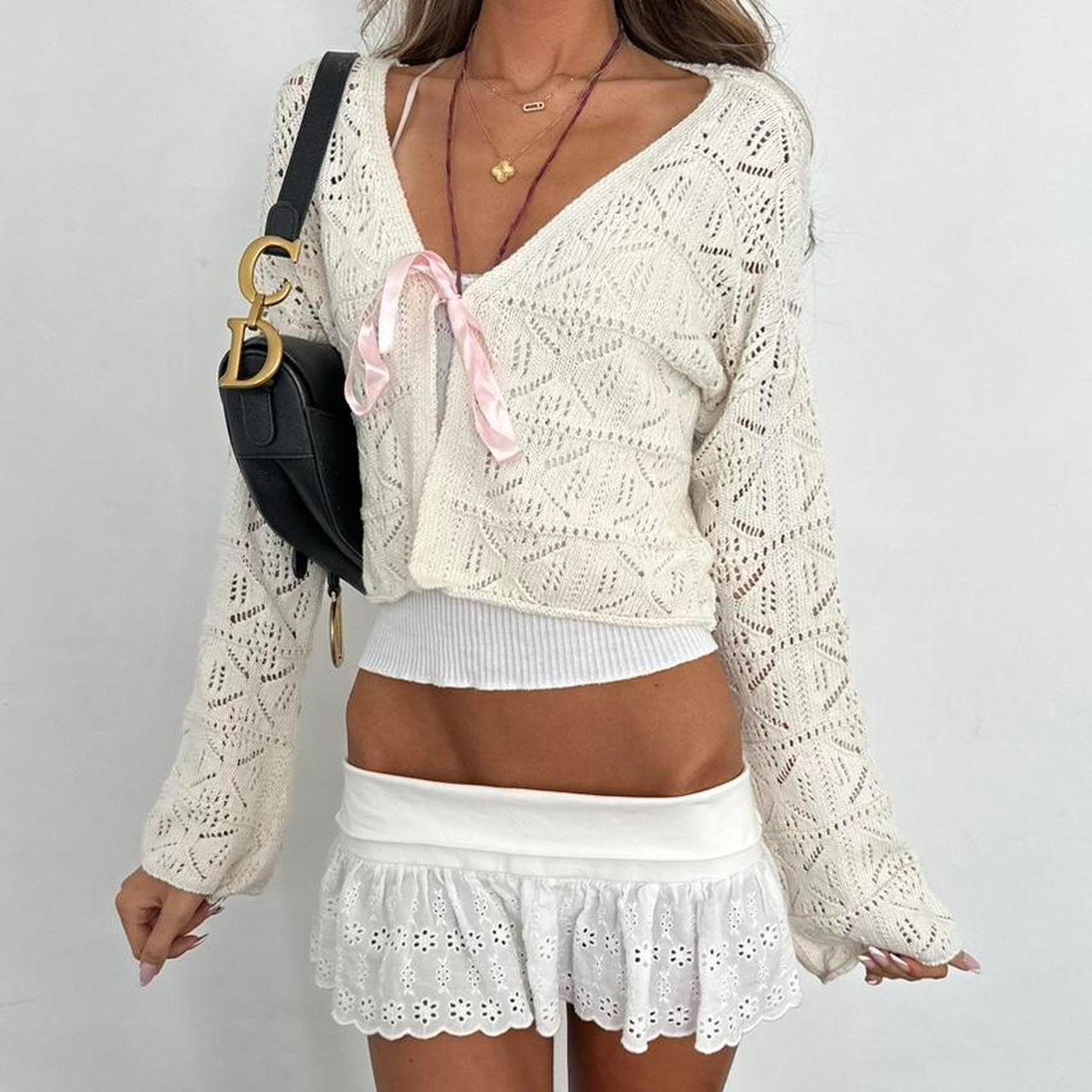 Vintage 2000s white crochet tie up cardigan top