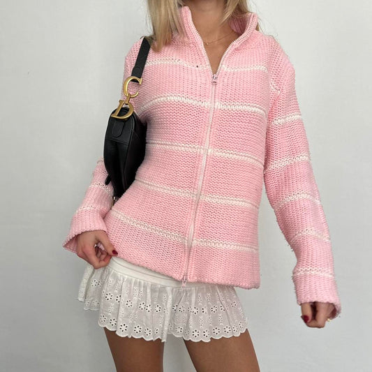 Vintage pink and white striped knitted zip up