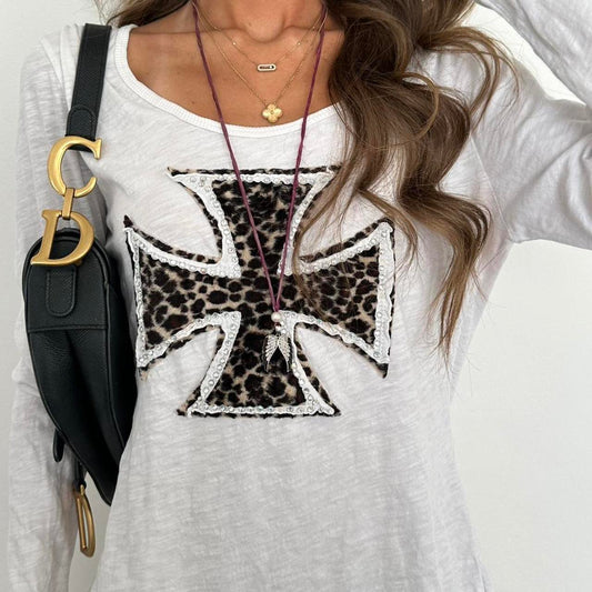 Vintage 2000s long sleeve leopard cross top