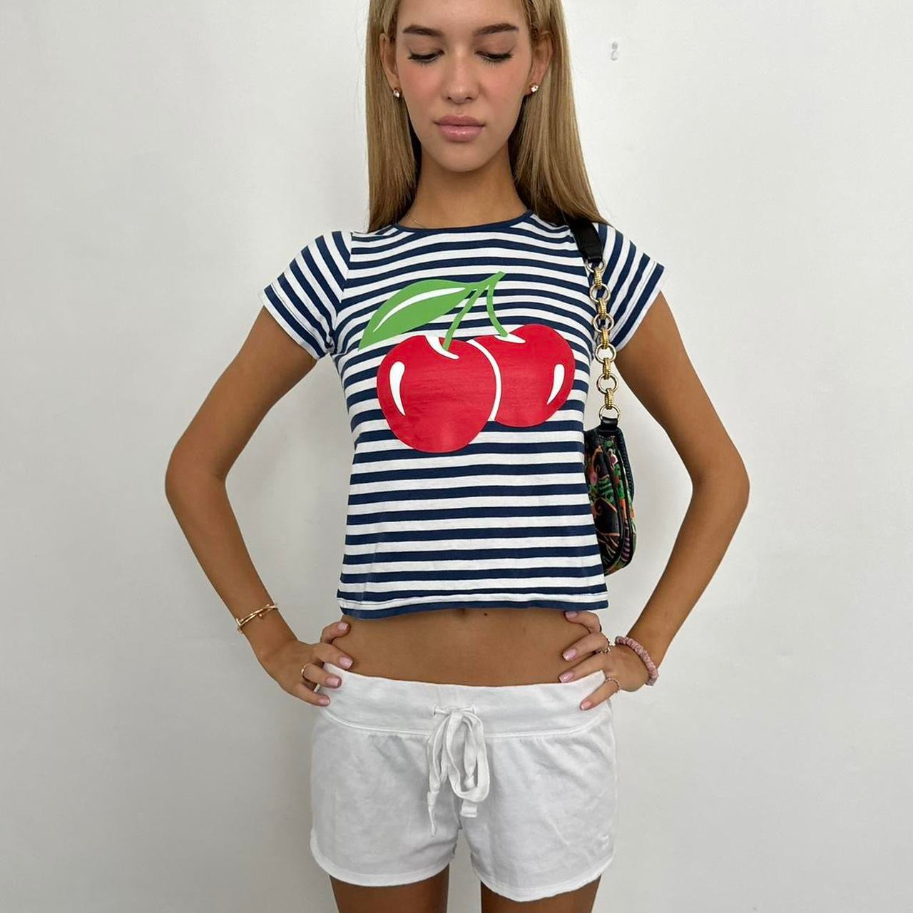 Vintage cherry navy and white striped baby tee