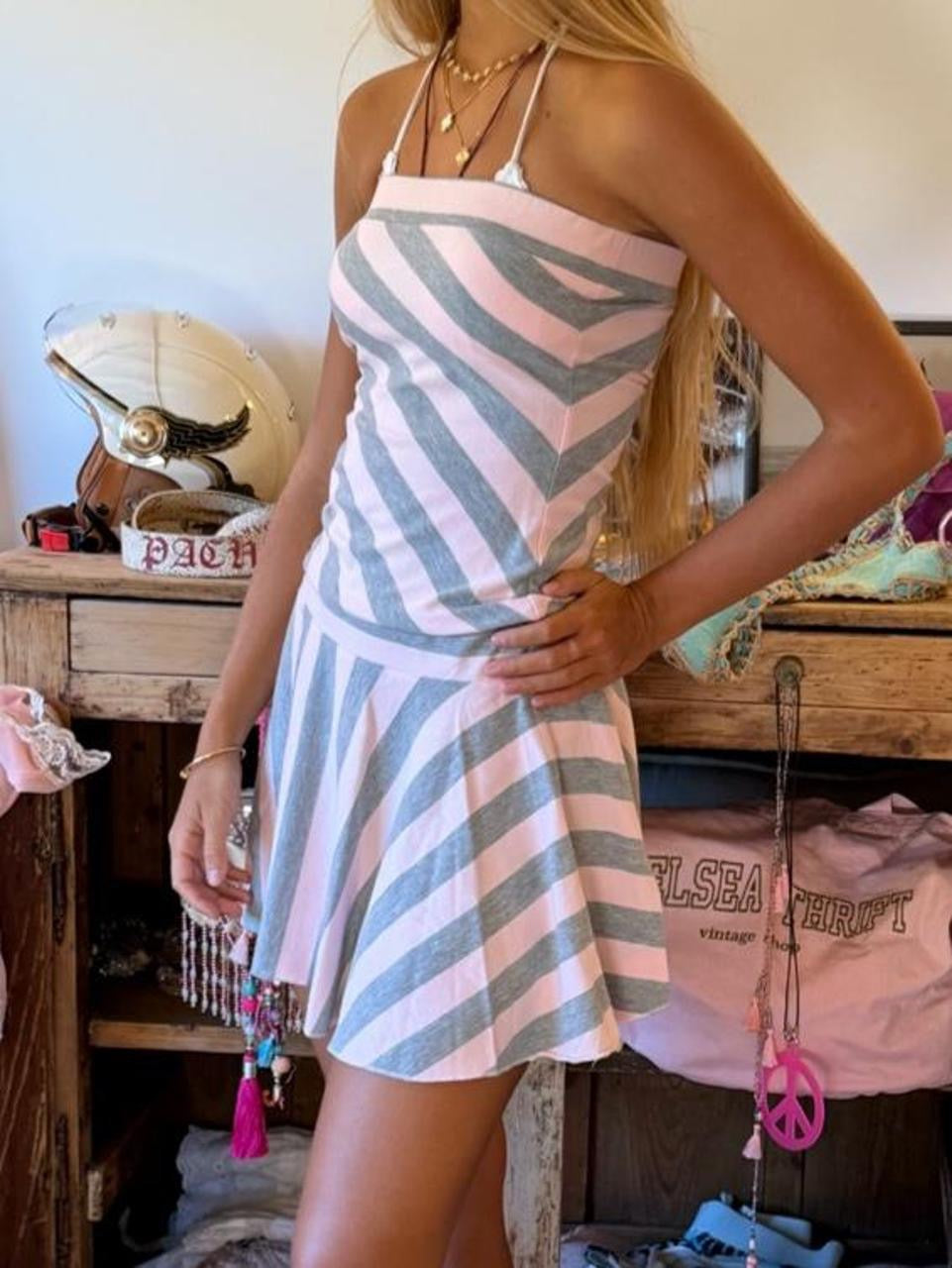 Vintage 00’s pinks and grey striped mini dress