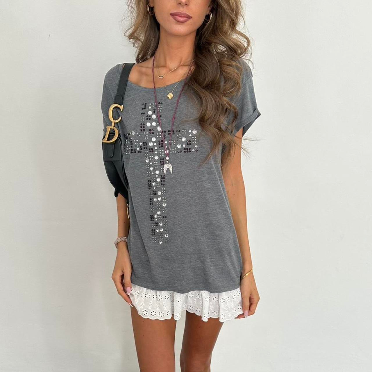 Vintage 00s grey rhinestone cross top
