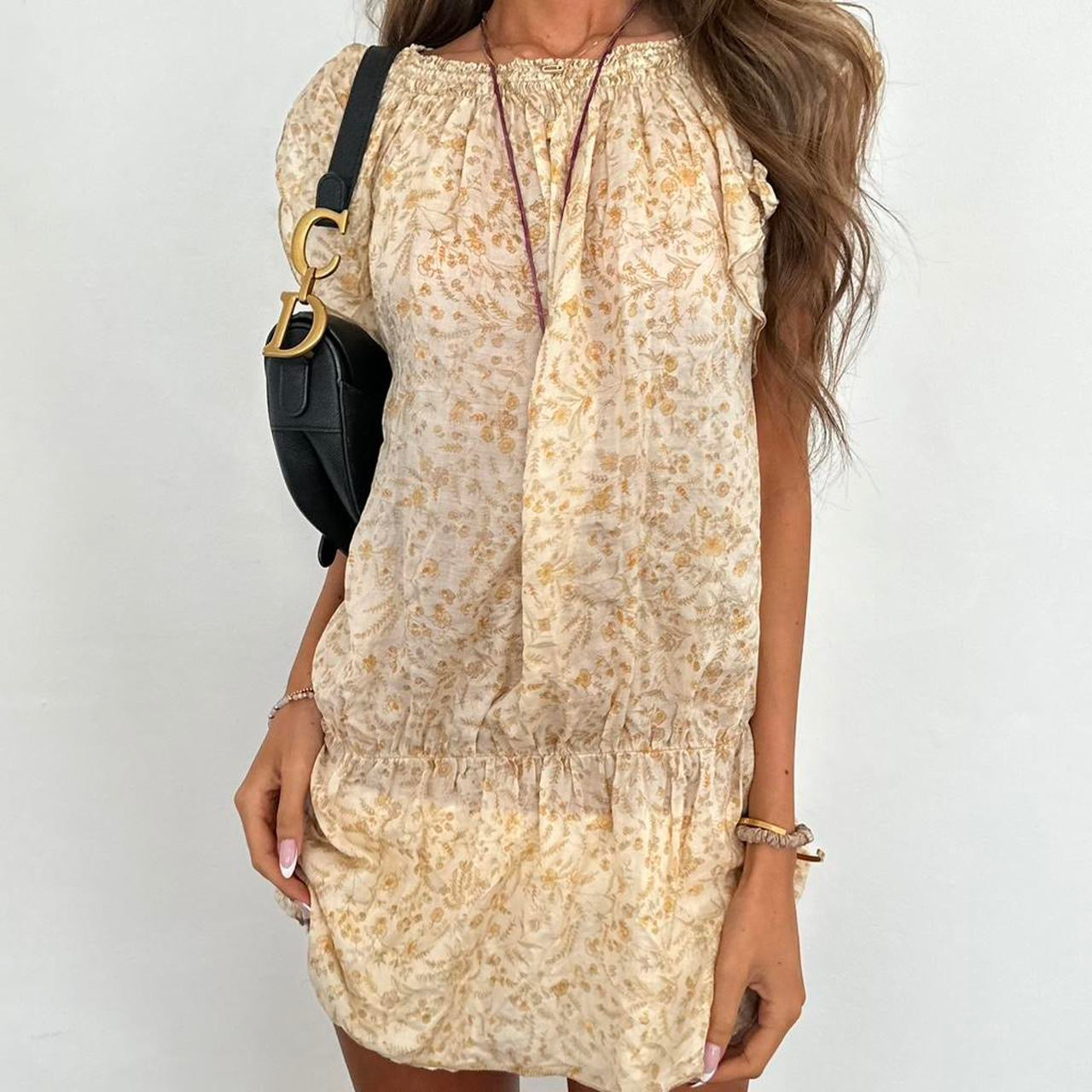 Vintage 2000s light yellow floral ruffle mini dress