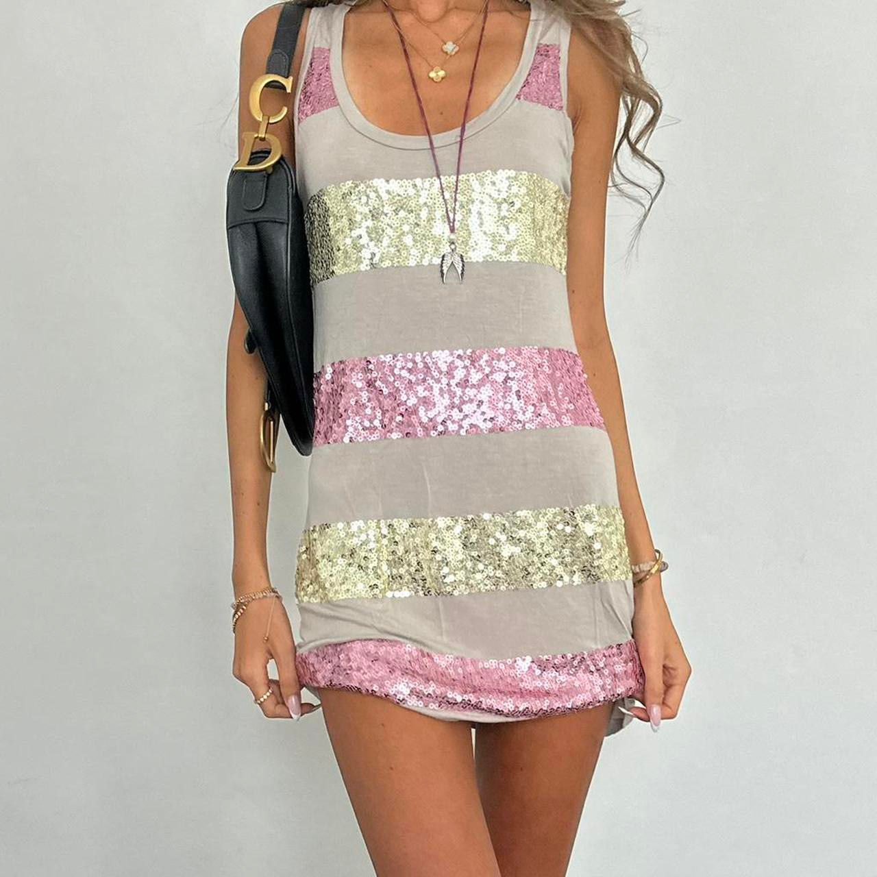 Vintage 00s pink sequin grey striped mini dress