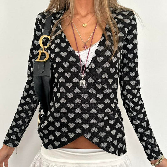 Vintage 2000s black and silver heart pattern wrap top