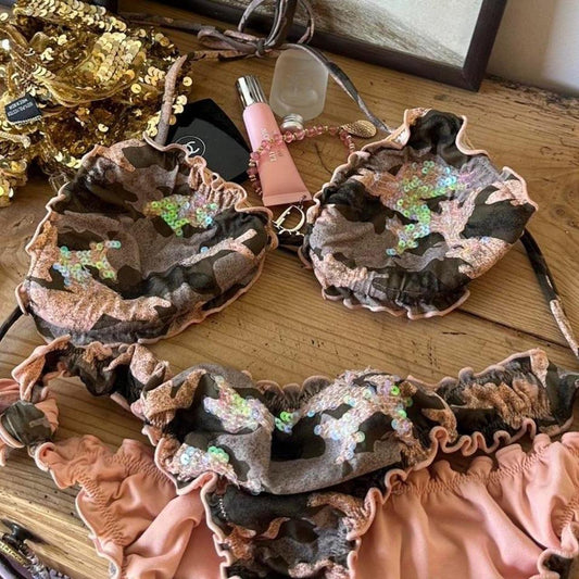 Vintage sequin camouflage ruffle bikini
