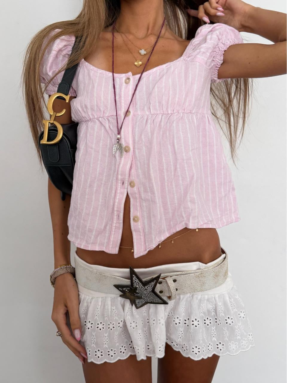 Vintage 00’s babydoll button down pink striped top