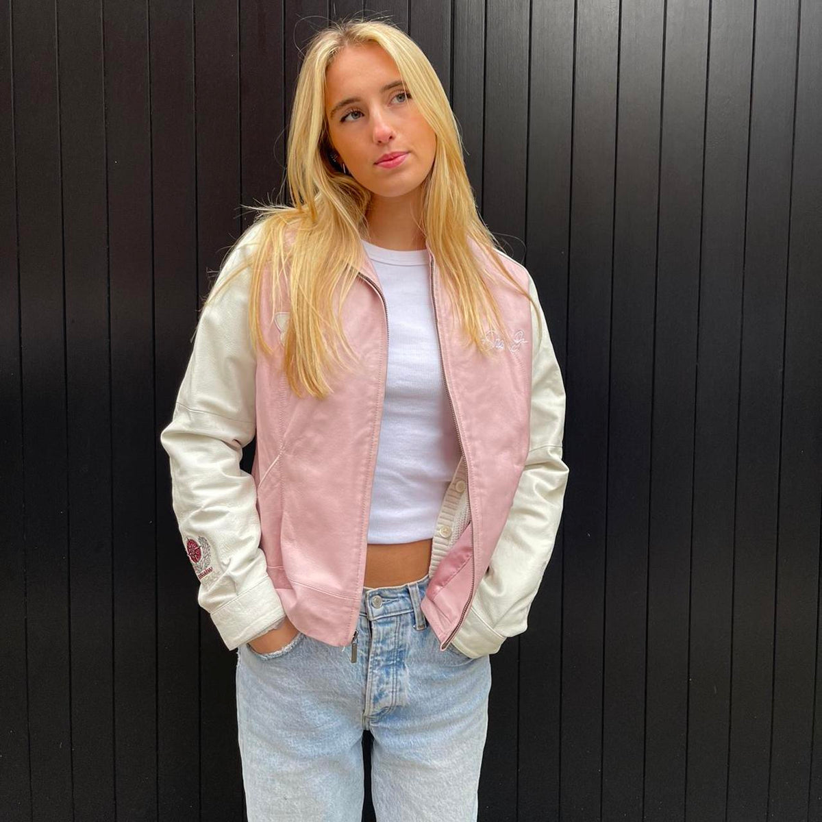Vintage 90s pink racing leather jacket