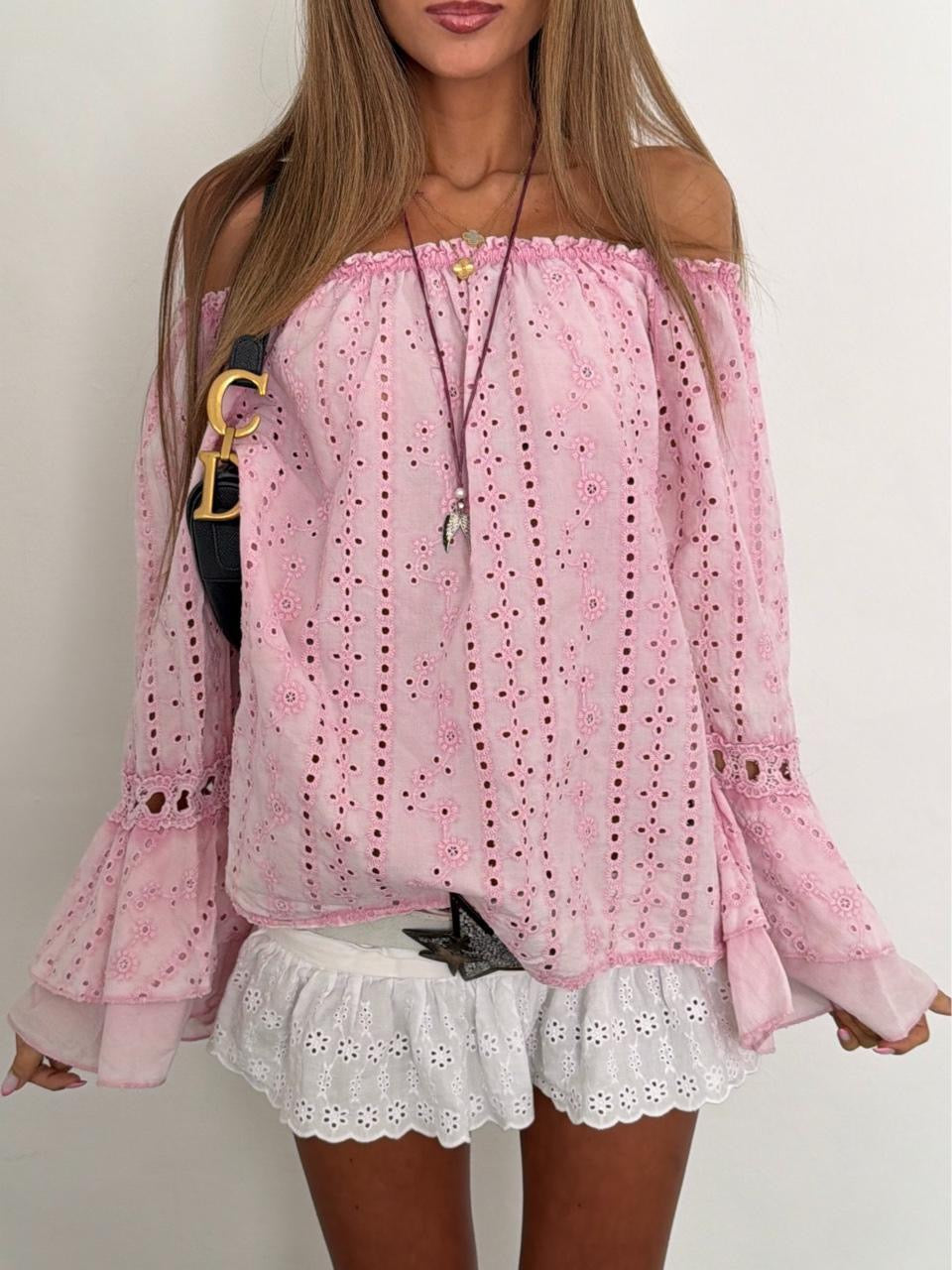 Vintage 00’s boho pink off the shoulder long sleeve top