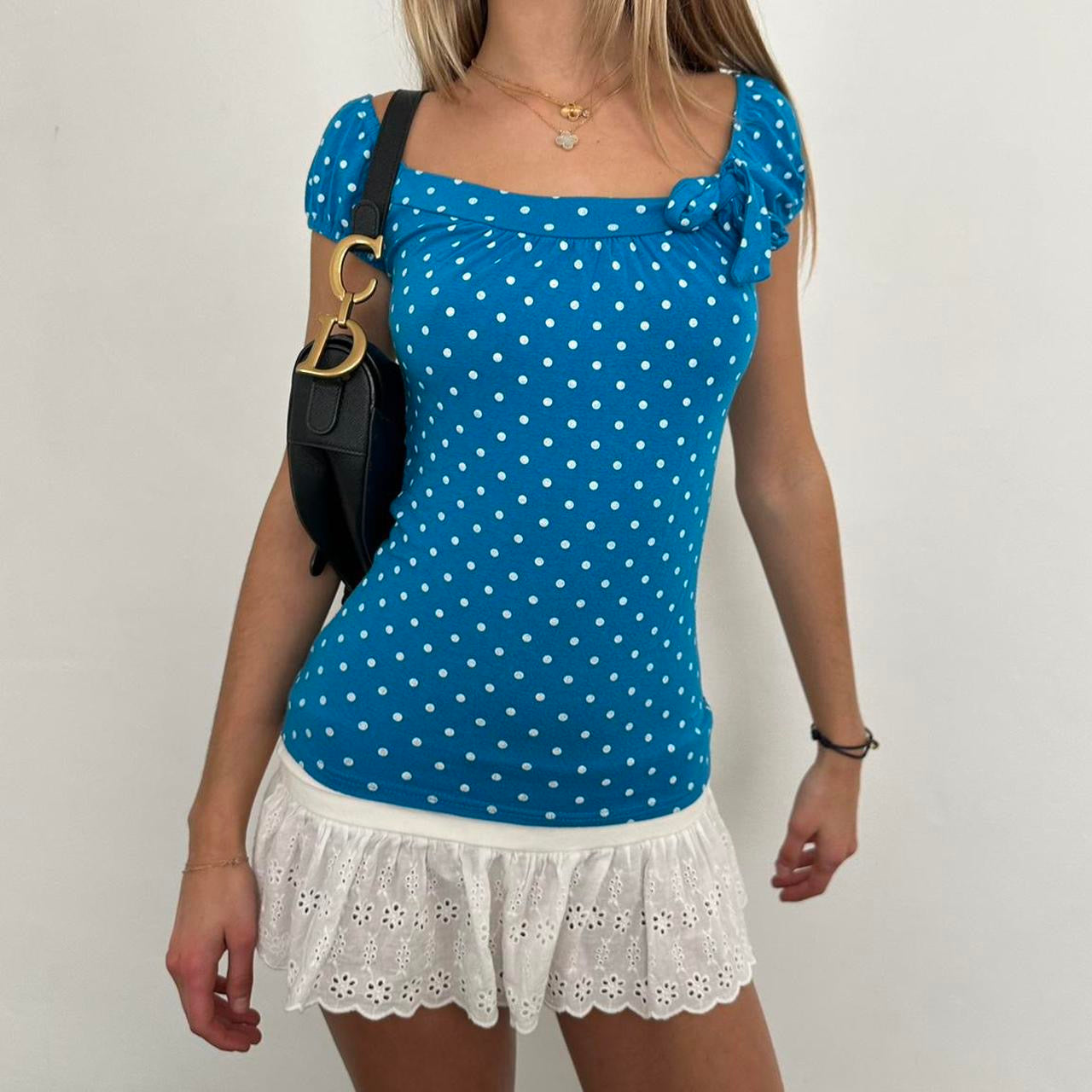 Vintage 2000s blue polka dot babydoll top