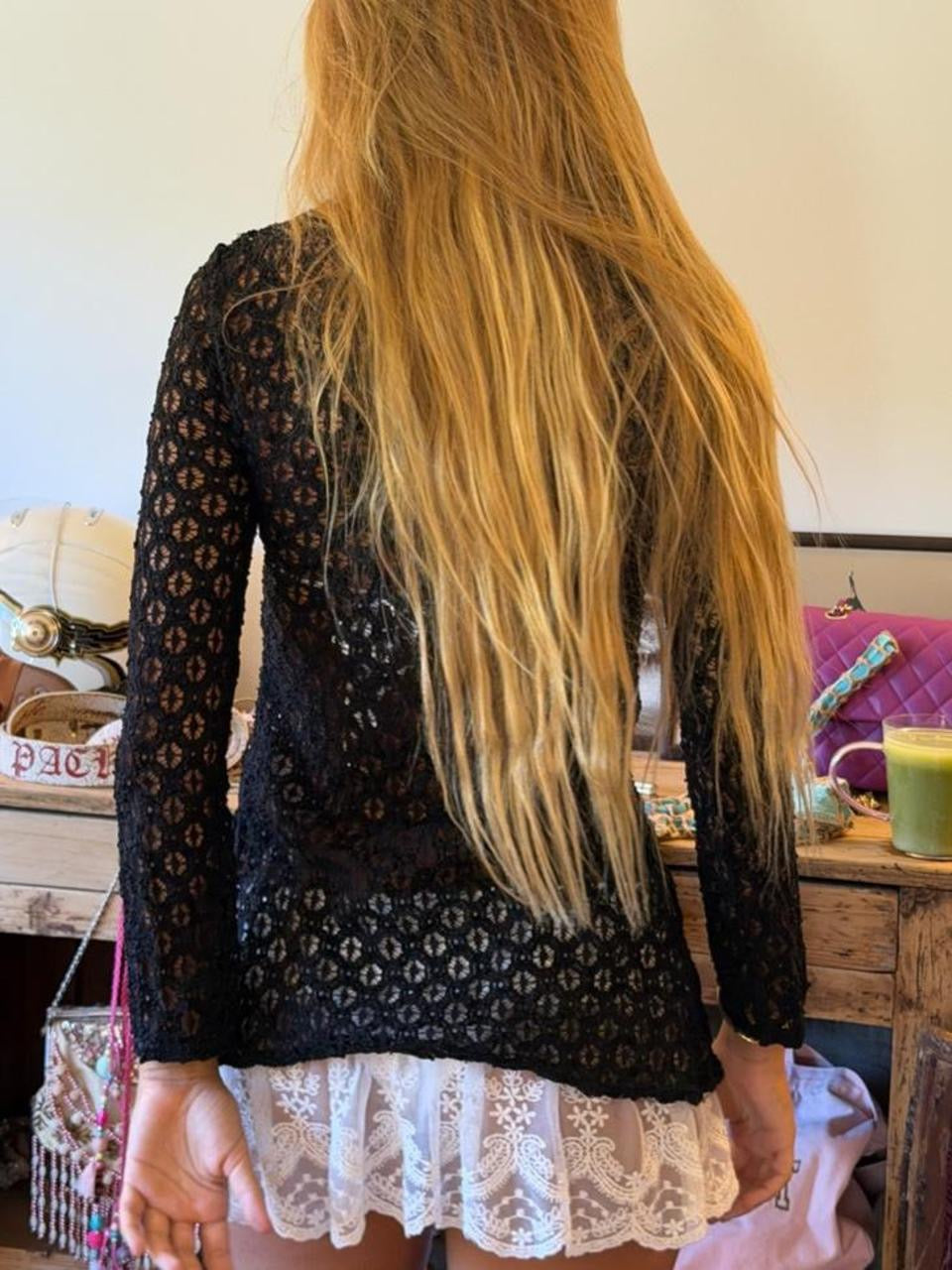 Vintage 00s black crochet layering top
