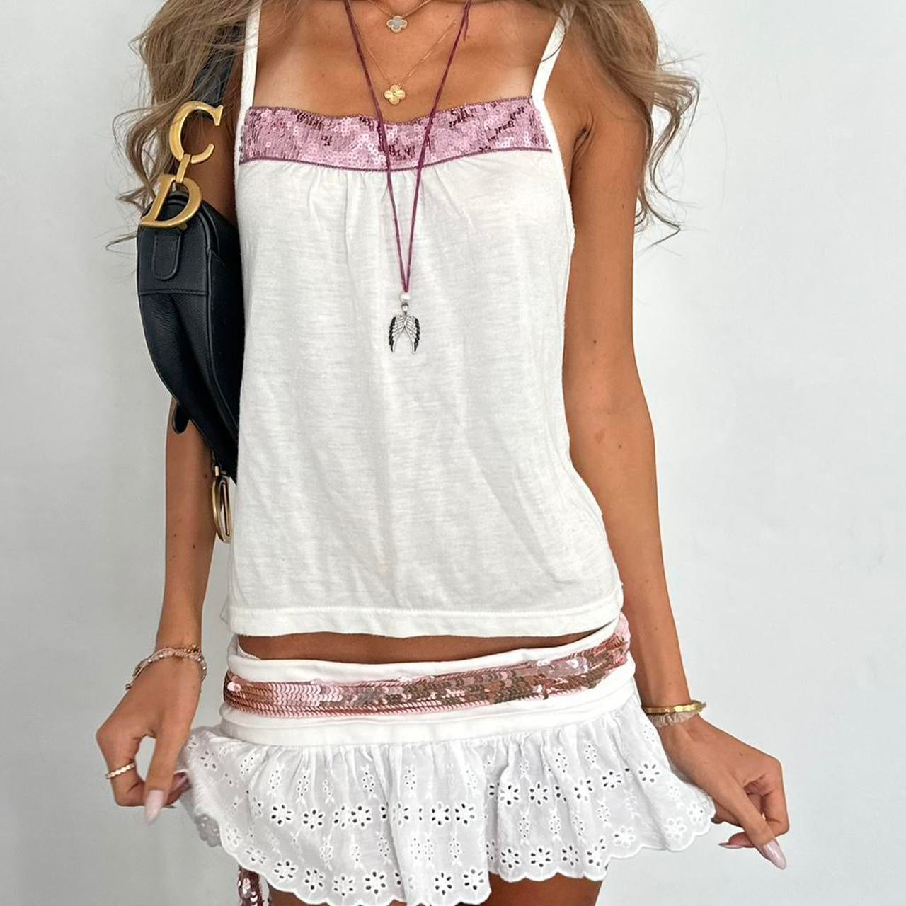 Vintage 00s pink sequin white cami top