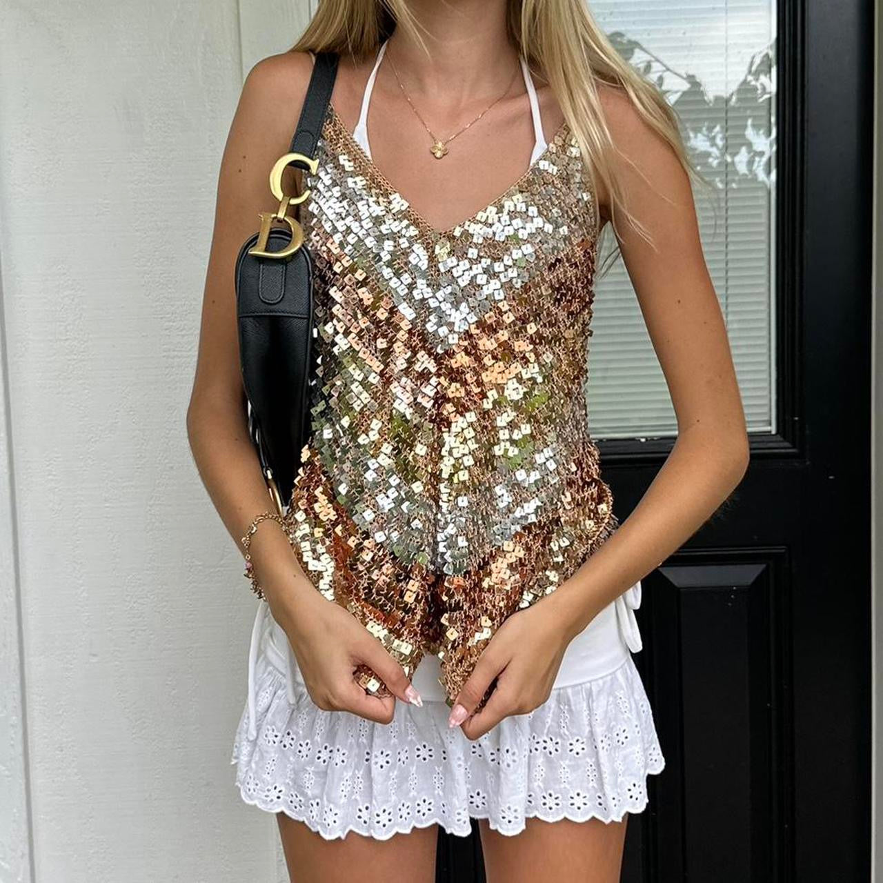Vintage crochet brown sequin top